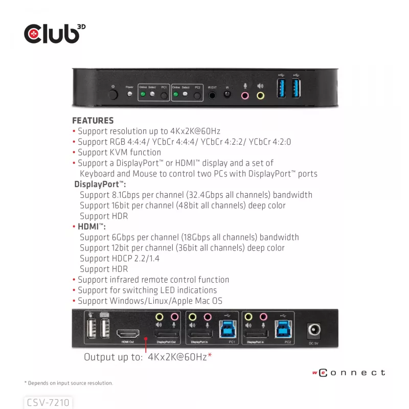 CLUB3D CSV-7210 KVM jungiklis DisplayPort/HDMI, 2 kompiuteriams, 4K 60Hz