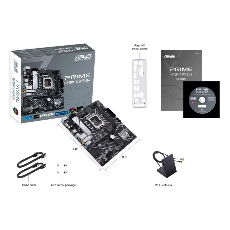 Motininė plokštė ASUS PRIME H610M-A WIFI D4 — Intel H610, LGA1700, micro ATX, DDR4, 2x DIMM, Wi‑Fi 5, Bluetooth 5.0, 2x M.2, HDMI 2.1, DP 1.4