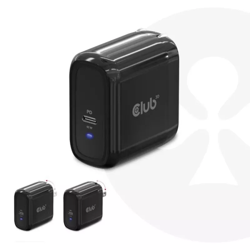 CLUB3D Travel Charger 65W su GaN technologija, vienas USB Type-C prievadas, Power Delivery 3.0 palaikymas
