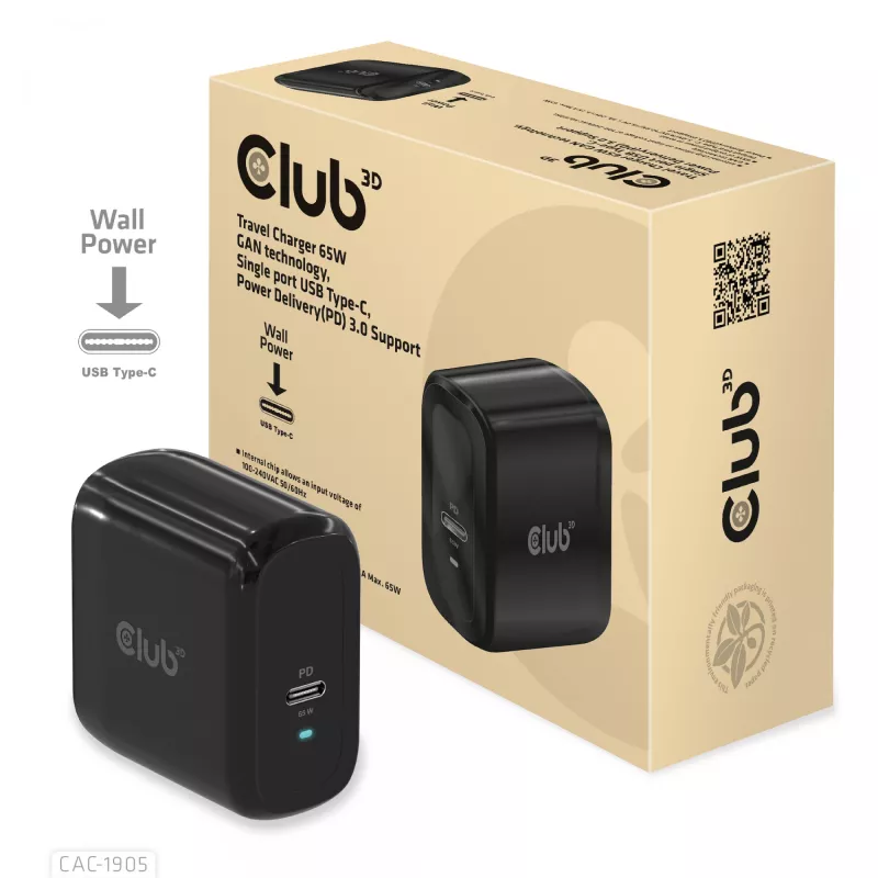 CLUB3D Travel Charger 65W su GaN technologija, vienas USB Type-C prievadas, Power Delivery 3.0 palaikymas