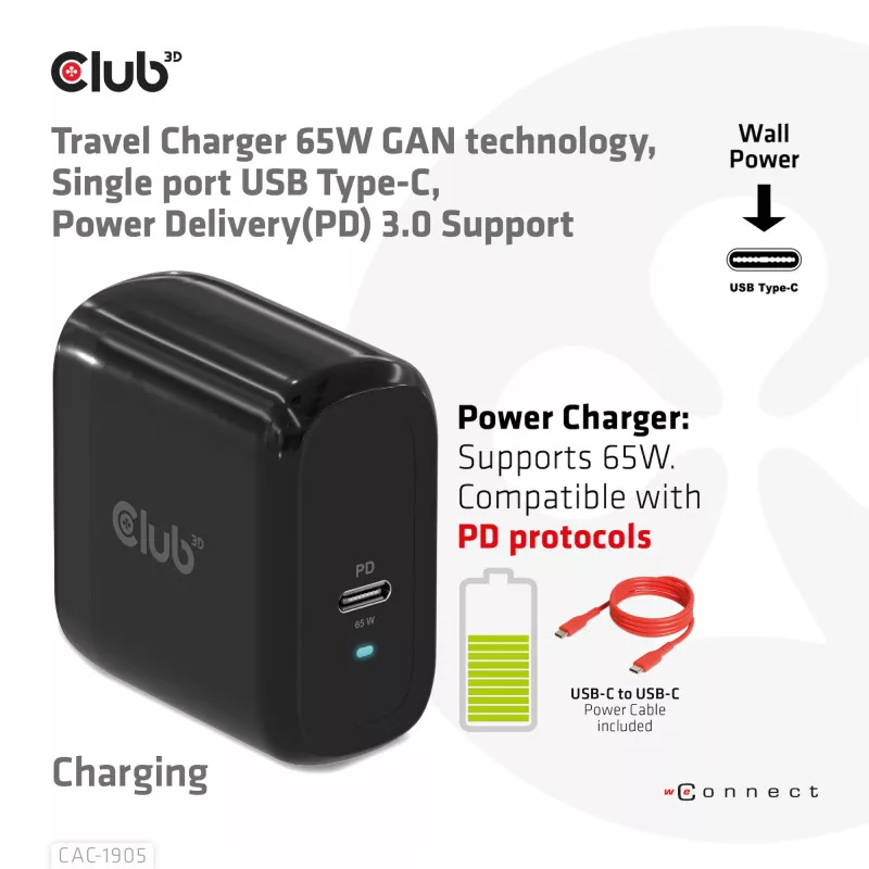 CLUB3D Travel Charger 65W su GaN technologija, vienas USB Type-C prievadas, Power Delivery 3.0 palaikymas