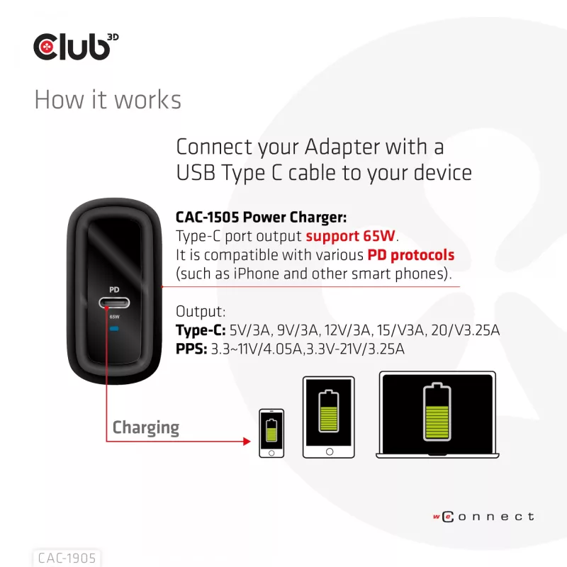 CLUB3D Travel Charger 65W su GaN technologija, vienas USB Type-C prievadas, Power Delivery 3.0 palaikymas