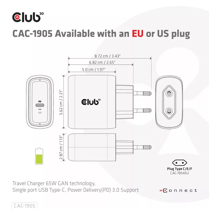 CLUB3D Travel Charger 65W su GaN technologija, vienas USB Type-C prievadas, Power Delivery 3.0 palaikymas