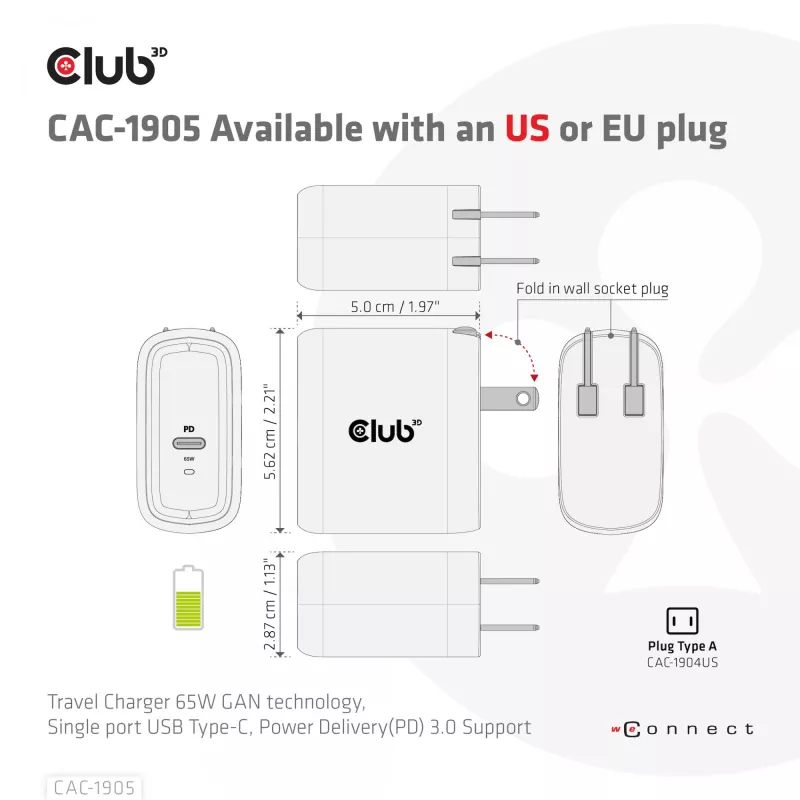 CLUB3D Travel Charger 65W su GaN technologija, vienas USB Type-C prievadas, Power Delivery 3.0 palaikymas