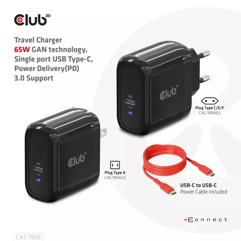 CLUB3D Travel Charger 65W su GaN technologija, vienas USB Type-C prievadas, Power Delivery 3.0 palaikymas