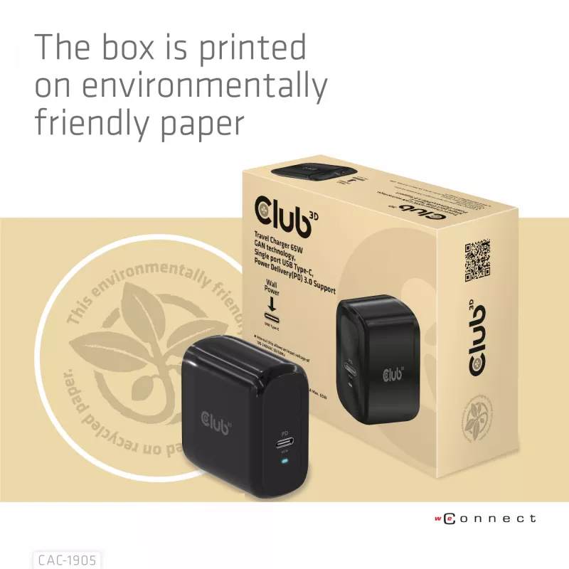 CLUB3D Travel Charger 65W su GaN technologija, vienas USB Type-C prievadas, Power Delivery 3.0 palaikymas