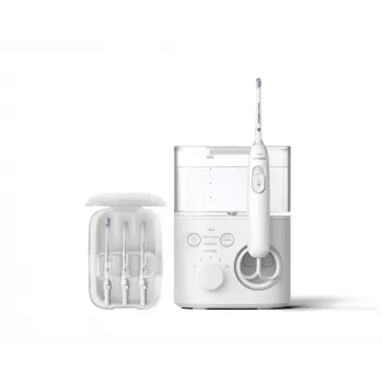 Dantų irigatorius Philips Power Flosser 7000 HX3911/40, baterijomis maitinamas, baltas, universalus kintamosios srovės įkroviklis