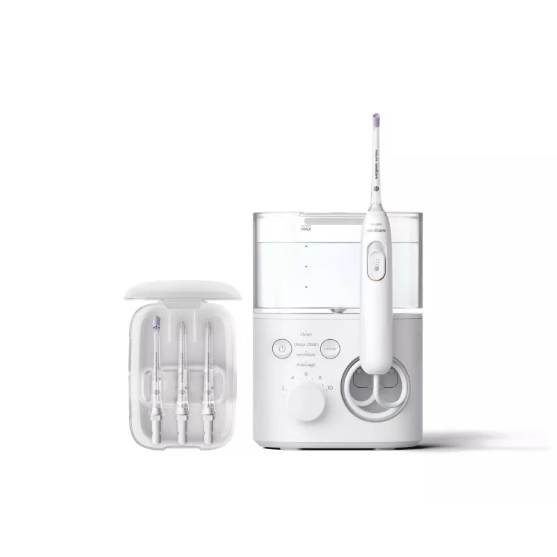 Dantų irigatorius Philips Power Flosser 7000 HX3911/40, baterijomis maitinamas, baltas, universalus kintamosios srovės įkroviklis