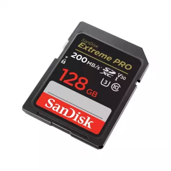 SDXC atminties kortelė SANDISK Extreme PRO 128 GB UHS-I U3 V30 — 200 MB/s skaitymas, 90 MB/s rašymas, Class 10
