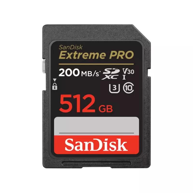 SDXC atminties kortelė SANDISK Extreme PRO 512 GB – 10 klasė, U3, V30, skaitymas 200 MB/s, rašymas 140 MB/s, atspari vandeniui