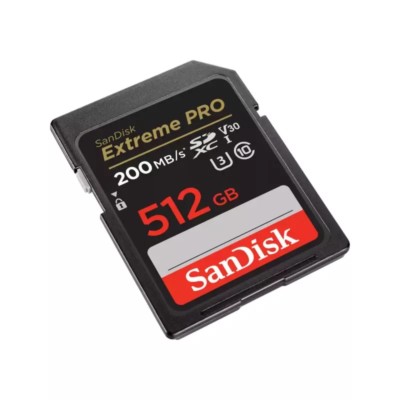 SDXC atminties kortelė SANDISK Extreme PRO 512 GB – 10 klasė, U3, V30, skaitymas 200 MB/s, rašymas 140 MB/s, atspari vandeniui