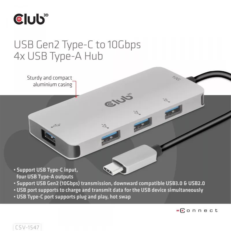CLUB3D 4 prievadų USB-A šakotuvas USB-C – 10 Gbps greitas duomenų perdavimas