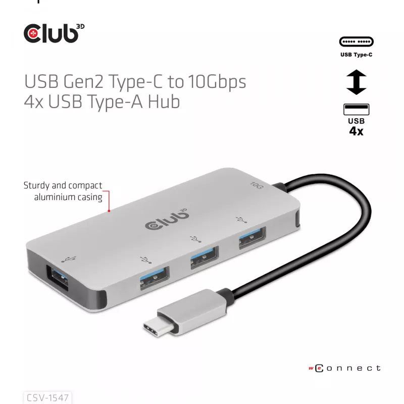 CLUB3D 4 prievadų USB-A šakotuvas USB-C – 10 Gbps greitas duomenų perdavimas