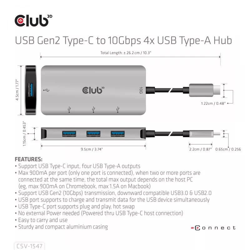 CLUB3D 4 prievadų USB-A šakotuvas USB-C – 10 Gbps greitas duomenų perdavimas