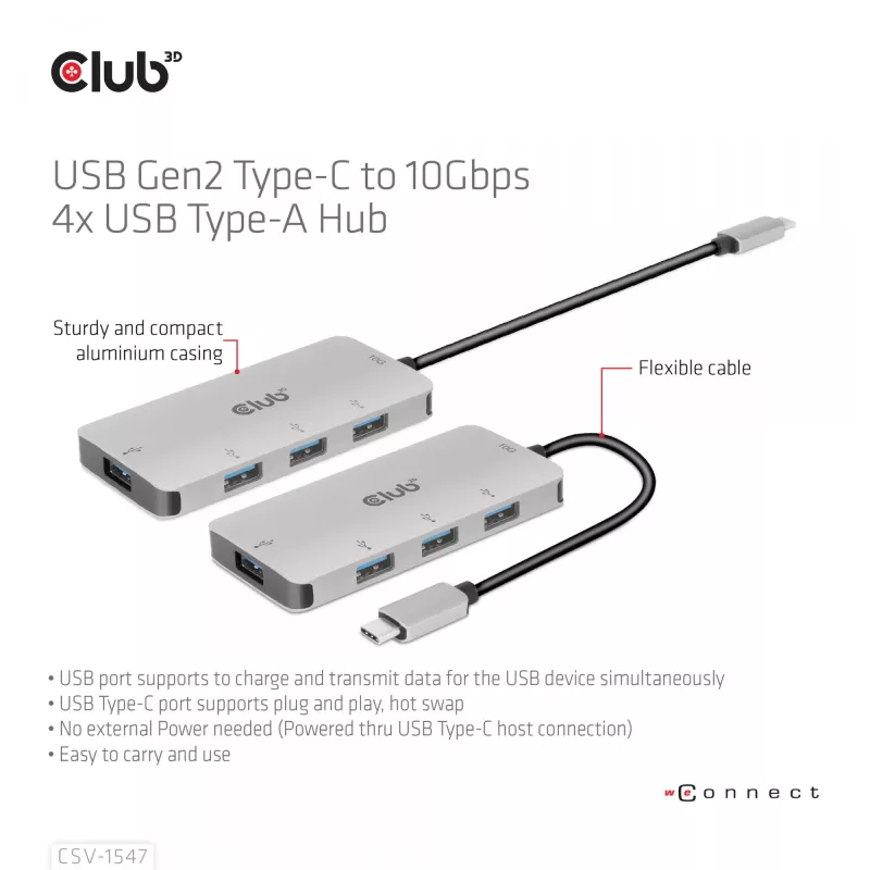 CLUB3D 4 prievadų USB-A šakotuvas USB-C – 10 Gbps greitas duomenų perdavimas