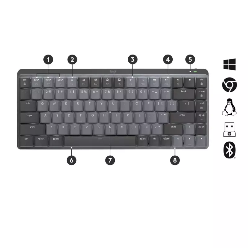 LOGITECH MX Mechanical Mini belaidė apšviesta klaviatūra (minimalistinė, grafitinė, tyli taktilinė, QWERTY US/Int'l)