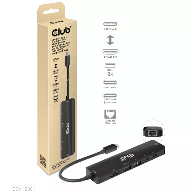 CLUB3D USB Gen1 Type-C 6-in-1 Hub su HDMI 8K30Hz, 2xUSB Type-A, RJ45 ir 2xUSB Type-C, duomenys ir PD įkrovimas 100 W