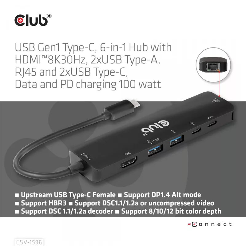 CLUB3D USB Gen1 Type-C 6-in-1 Hub su HDMI 8K30Hz, 2xUSB Type-A, RJ45 ir 2xUSB Type-C, duomenys ir PD įkrovimas 100 W