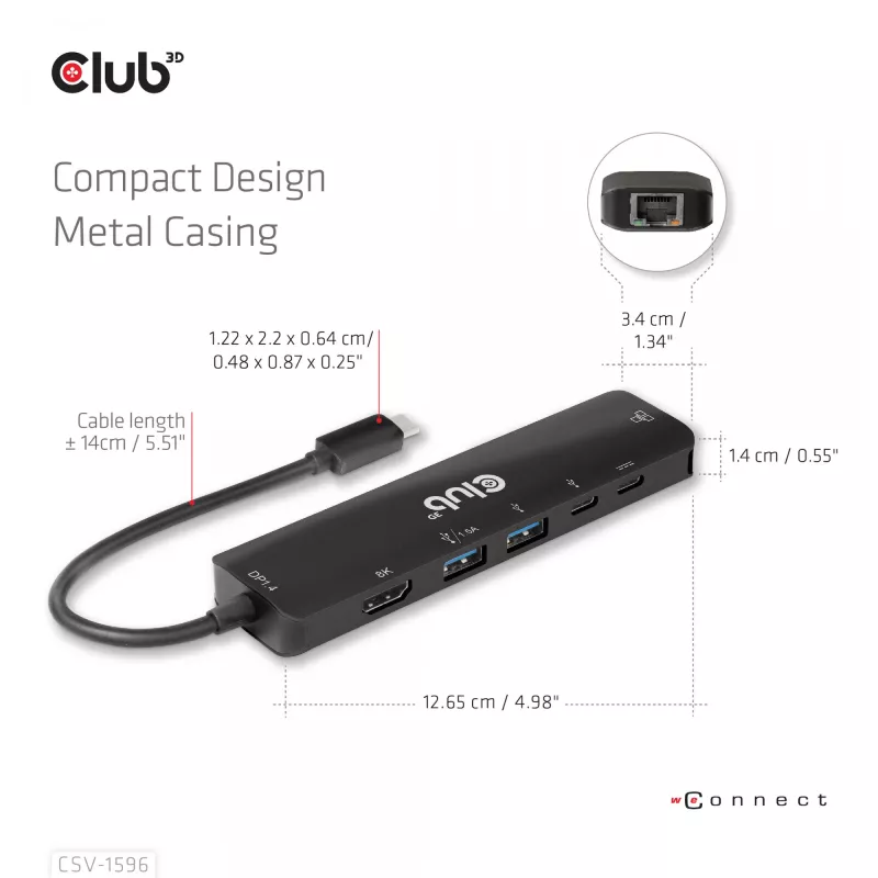 CLUB3D USB Gen1 Type-C 6-in-1 Hub su HDMI 8K30Hz, 2xUSB Type-A, RJ45 ir 2xUSB Type-C, duomenys ir PD įkrovimas 100 W