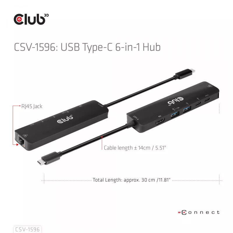 CLUB3D USB Gen1 Type-C 6-in-1 Hub su HDMI 8K30Hz, 2xUSB Type-A, RJ45 ir 2xUSB Type-C, duomenys ir PD įkrovimas 100 W