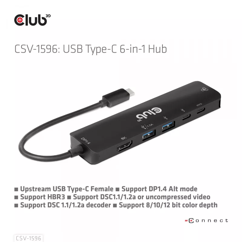 CLUB3D USB Gen1 Type-C 6-in-1 Hub su HDMI 8K30Hz, 2xUSB Type-A, RJ45 ir 2xUSB Type-C, duomenys ir PD įkrovimas 100 W