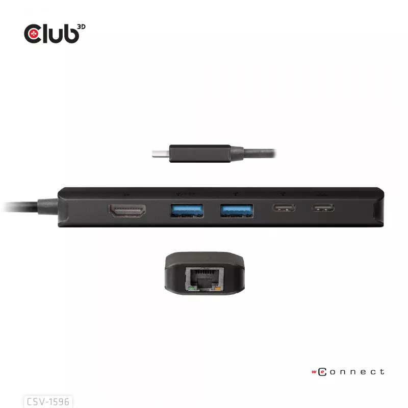CLUB3D USB Gen1 Type-C 6-in-1 Hub su HDMI 8K30Hz, 2xUSB Type-A, RJ45 ir 2xUSB Type-C, duomenys ir PD įkrovimas 100 W