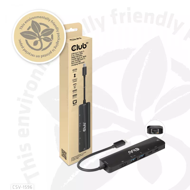 CLUB3D USB Gen1 Type-C 6-in-1 Hub su HDMI 8K30Hz, 2xUSB Type-A, RJ45 ir 2xUSB Type-C, duomenys ir PD įkrovimas 100 W