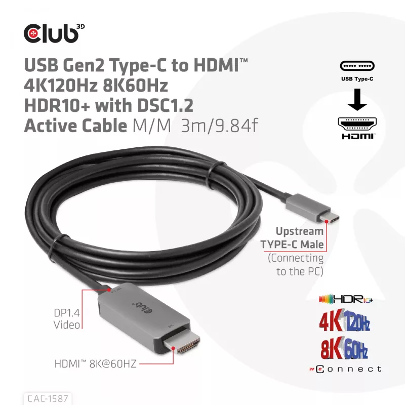 CLUB3D USB Gen2 Type-C į HDMI 4K120Hz 8K60Hz HDR10 su DSC1.2 aktyvus kabelis M/M 3m