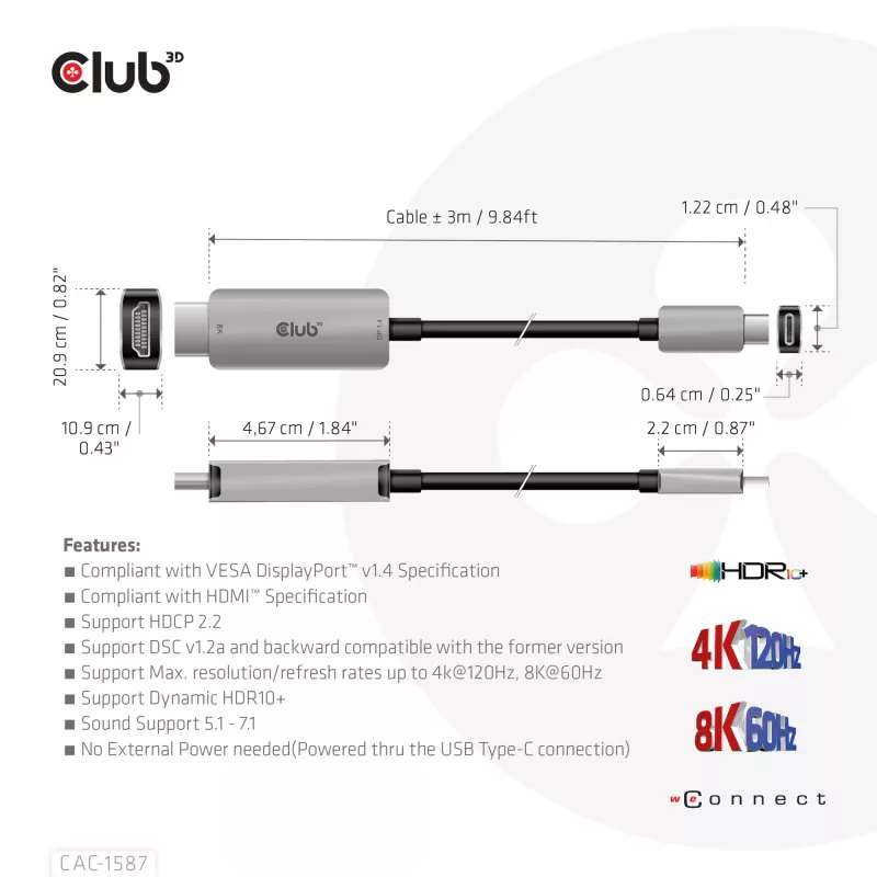CLUB3D USB Gen2 Type-C į HDMI 4K120Hz 8K60Hz HDR10 su DSC1.2 aktyvus kabelis M/M 3m