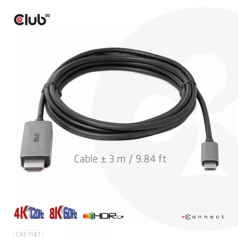 CLUB3D USB Gen2 Type-C į HDMI 4K120Hz 8K60Hz HDR10 su DSC1.2 aktyvus kabelis M/M 3m
