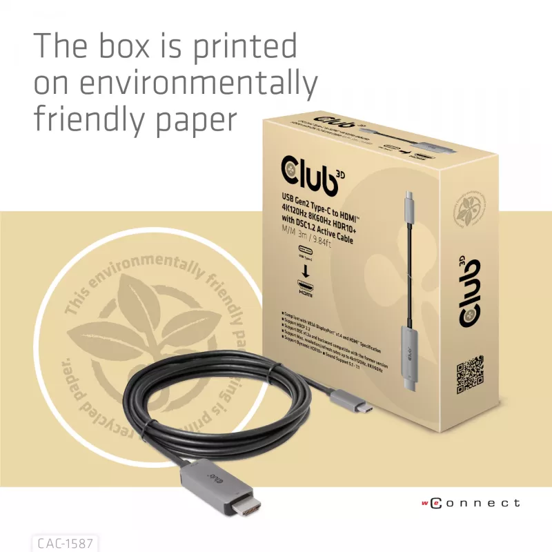 CLUB3D USB Gen2 Type-C į HDMI 4K120Hz 8K60Hz HDR10 su DSC1.2 aktyvus kabelis M/M 3m