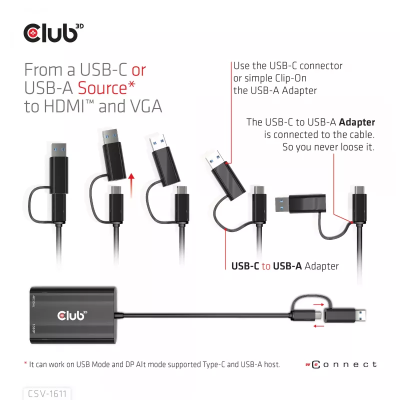 CLUB3D USB Gen1 Type-C/-A į Dual HDMI (4K/30Hz) / VGA (1080/60Hz) adapteris