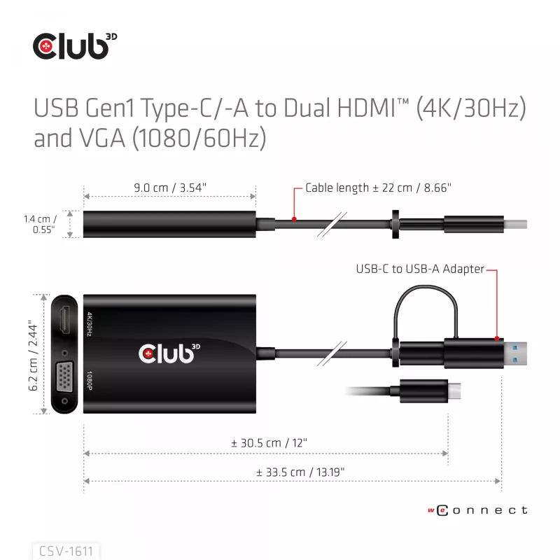 CLUB3D USB Gen1 Type-C/-A į Dual HDMI (4K/30Hz) / VGA (1080/60Hz) adapteris