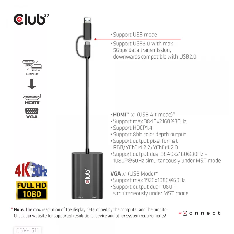 CLUB3D USB Gen1 Type-C/-A į Dual HDMI (4K/30Hz) / VGA (1080/60Hz) adapteris