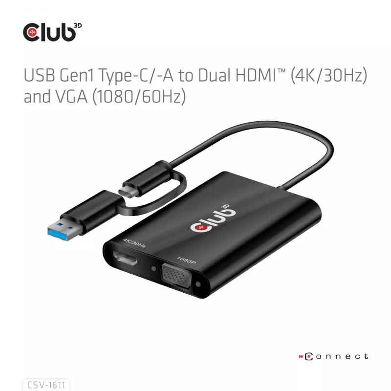 CLUB3D USB Gen1 Type-C/-A į Dual HDMI (4K/30Hz) / VGA (1080/60Hz) adapteris