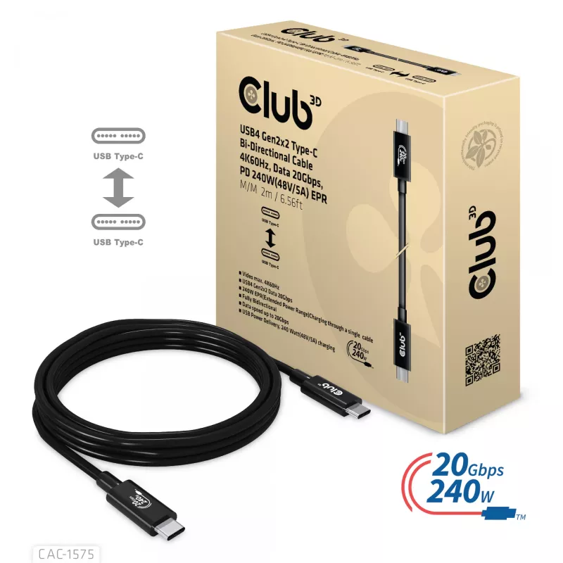 CLUB3D USB4 Gen2x2 Type-C abipusis laidas 4K60Hz, duomenys 20Gbps, PD 240W(48V/5A) EPR M/M 2m