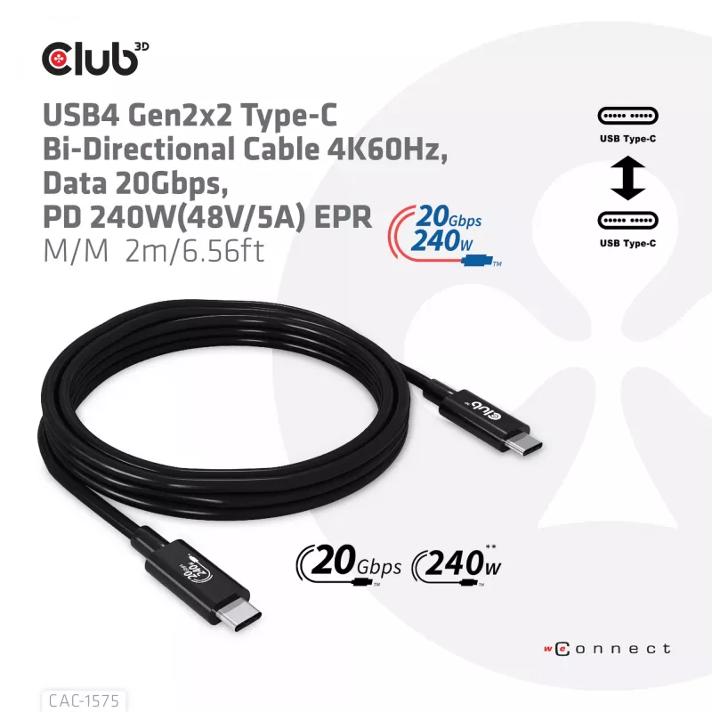 CLUB3D USB4 Gen2x2 Type-C abipusis laidas 4K60Hz, duomenys 20Gbps, PD 240W(48V/5A) EPR M/M 2m