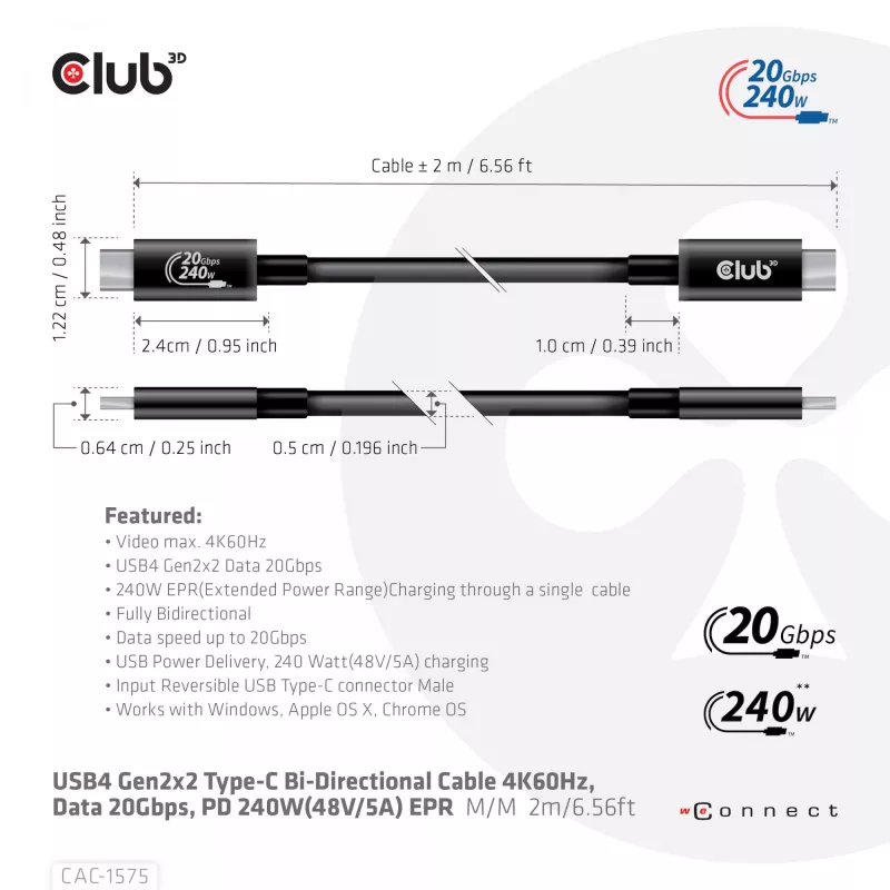 CLUB3D USB4 Gen2x2 Type-C abipusis laidas 4K60Hz, duomenys 20Gbps, PD 240W(48V/5A) EPR M/M 2m