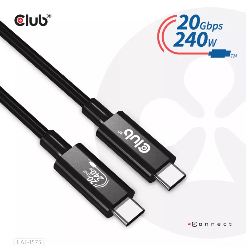 CLUB3D USB4 Gen2x2 Type-C abipusis laidas 4K60Hz, duomenys 20Gbps, PD 240W(48V/5A) EPR M/M 2m