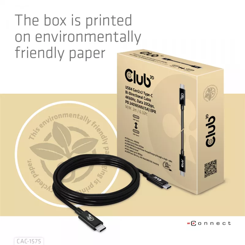CLUB3D USB4 Gen2x2 Type-C abipusis laidas 4K60Hz, duomenys 20Gbps, PD 240W(48V/5A) EPR M/M 2m
