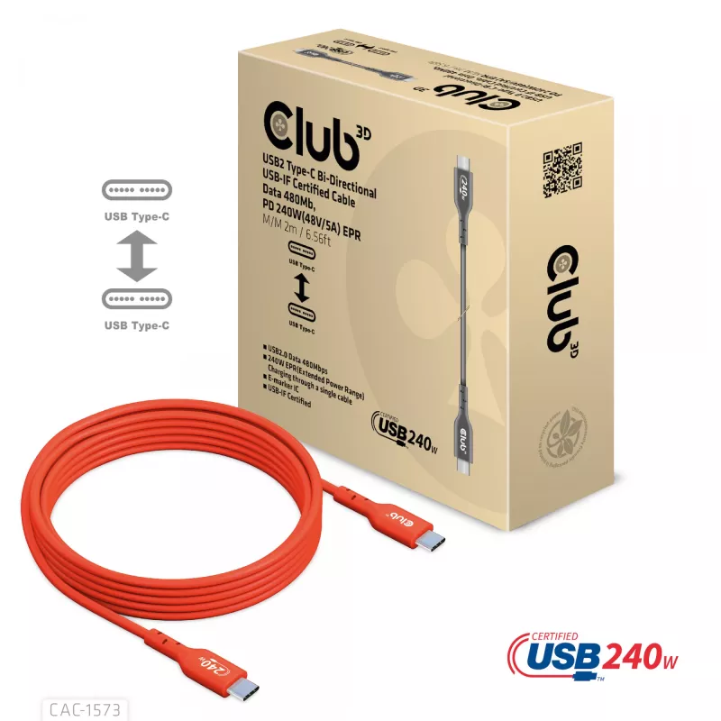 CLUB3D CAC-1573 USB-C į USB-C dvipusis laidas, USB4 Gen 2x2, 2 m, raudonas, PD iki 240 W