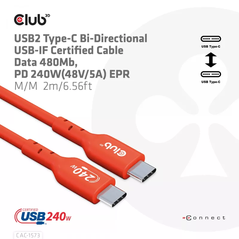 CLUB3D CAC-1573 USB-C į USB-C dvipusis laidas, USB4 Gen 2x2, 2 m, raudonas, PD iki 240 W