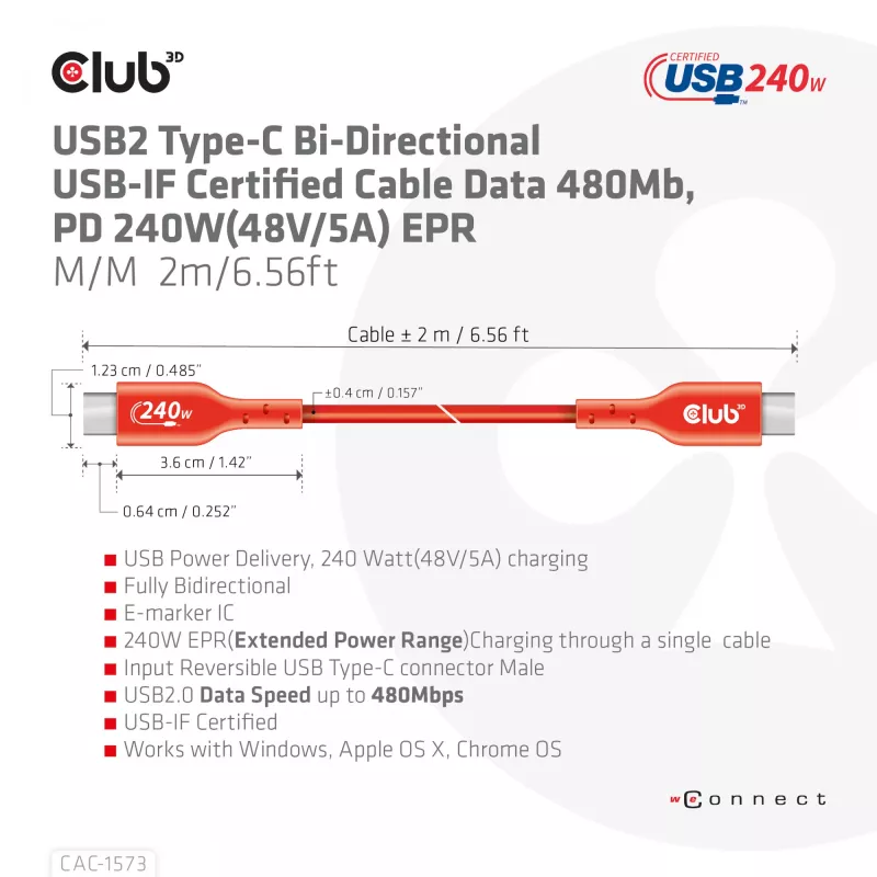 CLUB3D CAC-1573 USB-C į USB-C dvipusis laidas, USB4 Gen 2x2, 2 m, raudonas, PD iki 240 W