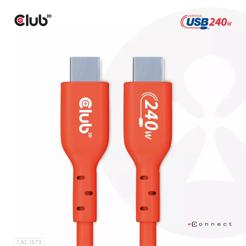 CLUB3D CAC-1573 USB-C į USB-C dvipusis laidas, USB4 Gen 2x2, 2 m, raudonas, PD iki 240 W