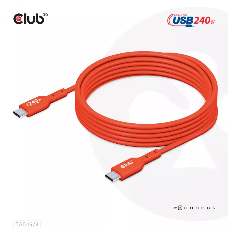 CLUB3D CAC-1573 USB-C į USB-C dvipusis laidas, USB4 Gen 2x2, 2 m, raudonas, PD iki 240 W