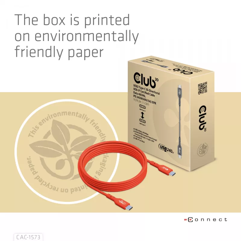 CLUB3D CAC-1573 USB-C į USB-C dvipusis laidas, USB4 Gen 2x2, 2 m, raudonas, PD iki 240 W