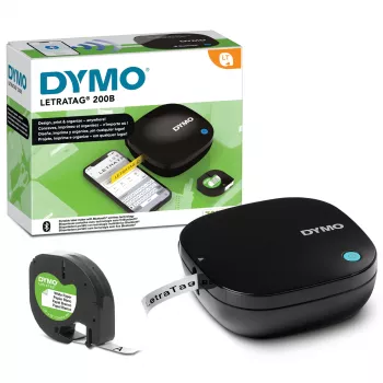 DYMO LetraTag 200B Bluetooth etikečių spausdintuvas | Kompaktiškas etikečių spausdintuvas | Jungiasi per Bluetooth belaidžiu ryšiu su iOS ir Android | Įskaitant 1 baltą popierinę etikečių juostelę | Juoda