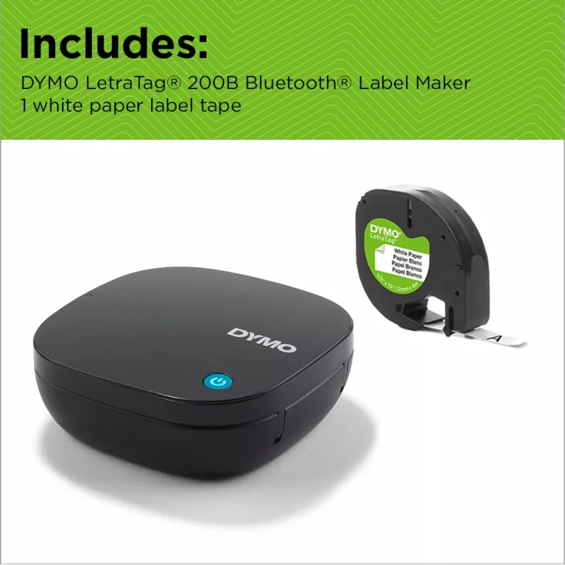 DYMO LetraTag 200B Bluetooth etikečių spausdintuvas | Kompaktiškas etikečių spausdintuvas | Jungiasi per Bluetooth belaidžiu ryšiu su iOS ir Android | Įskaitant 1 baltą popierinę etikečių juostelę | Juoda