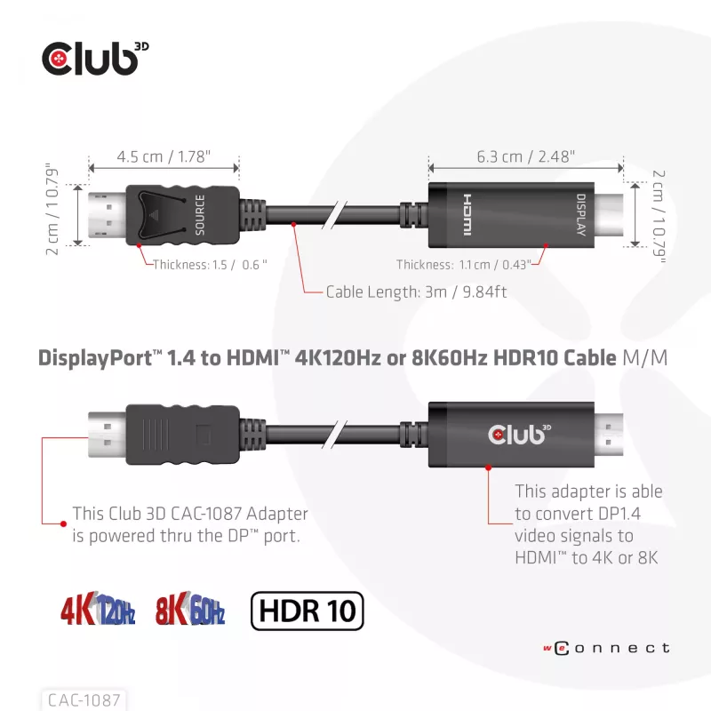 CLUB3D DisplayPort 1.4 į HDMI 4K120Hz arba 8K60Hz HDR10 laidas M/M 3m/9.84ft