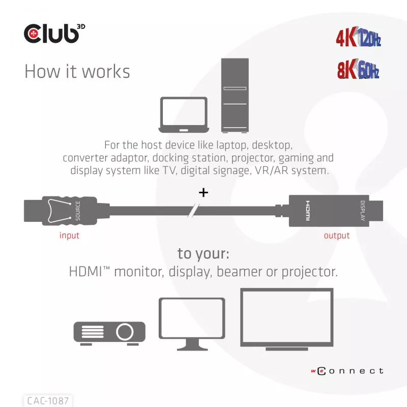 CLUB3D DisplayPort 1.4 į HDMI 4K120Hz arba 8K60Hz HDR10 laidas M/M 3m/9.84ft